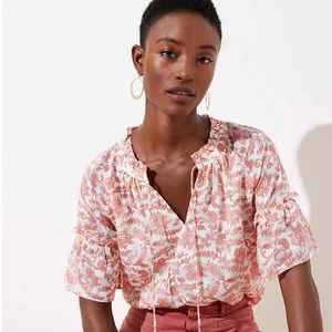 LOFT Clip Dot Ruffle Cuff Top Floral Coral Boho S